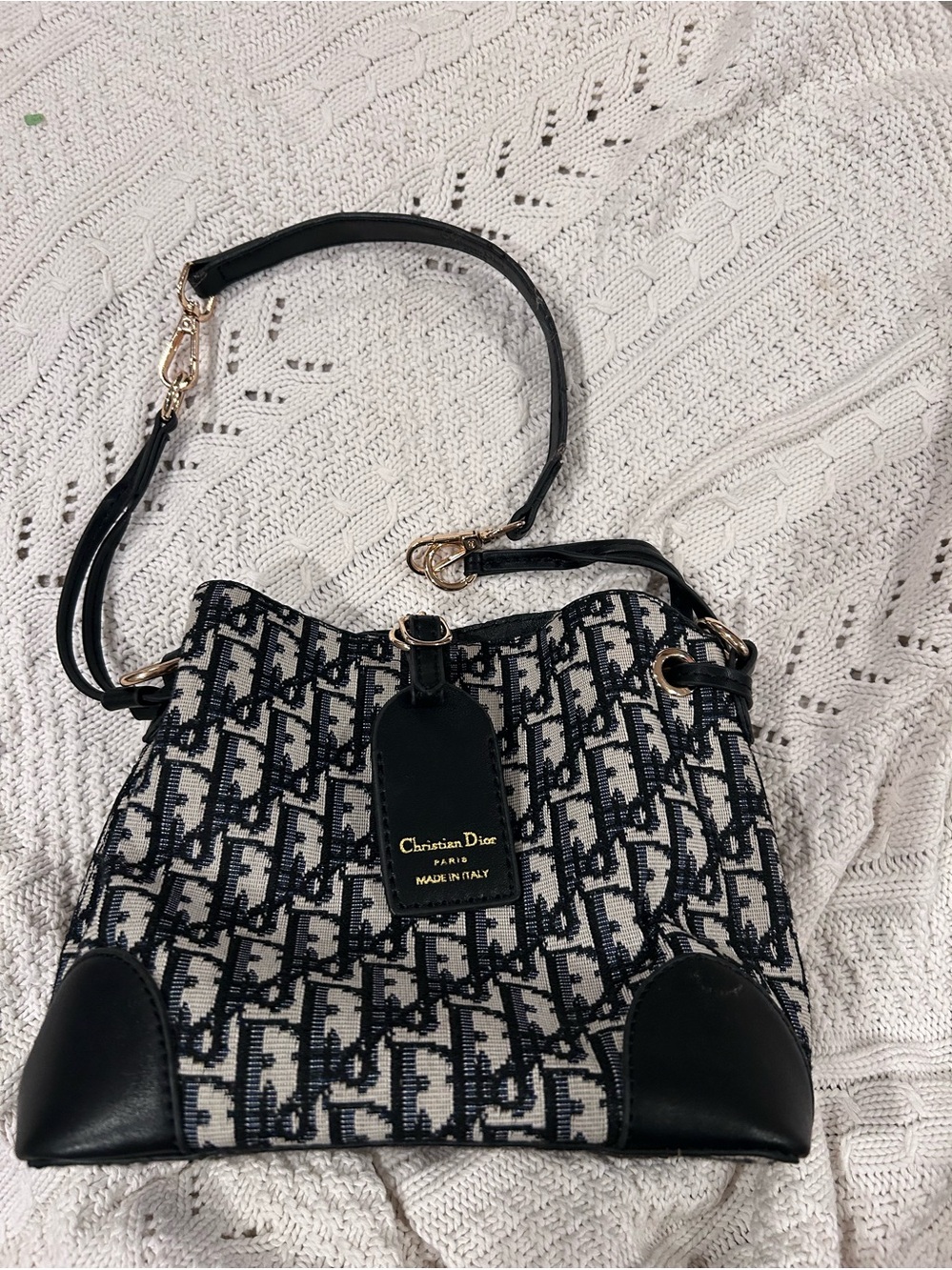 Dior Navy and White Oblique Bucket Shoulder Bag
